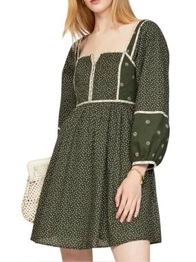 Madewell Green Floral Dress 0 Puff Sleeve Square Neck Cottagecore Pockets